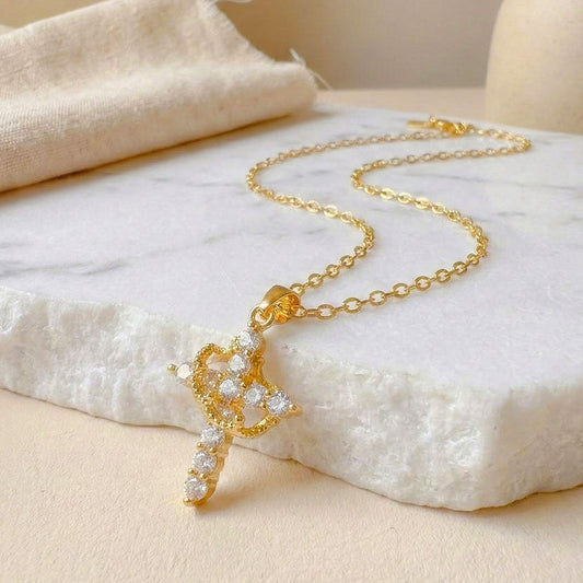 Collar Cruz Coronada para Mujer - Baño de Oro 18k con Zirconias